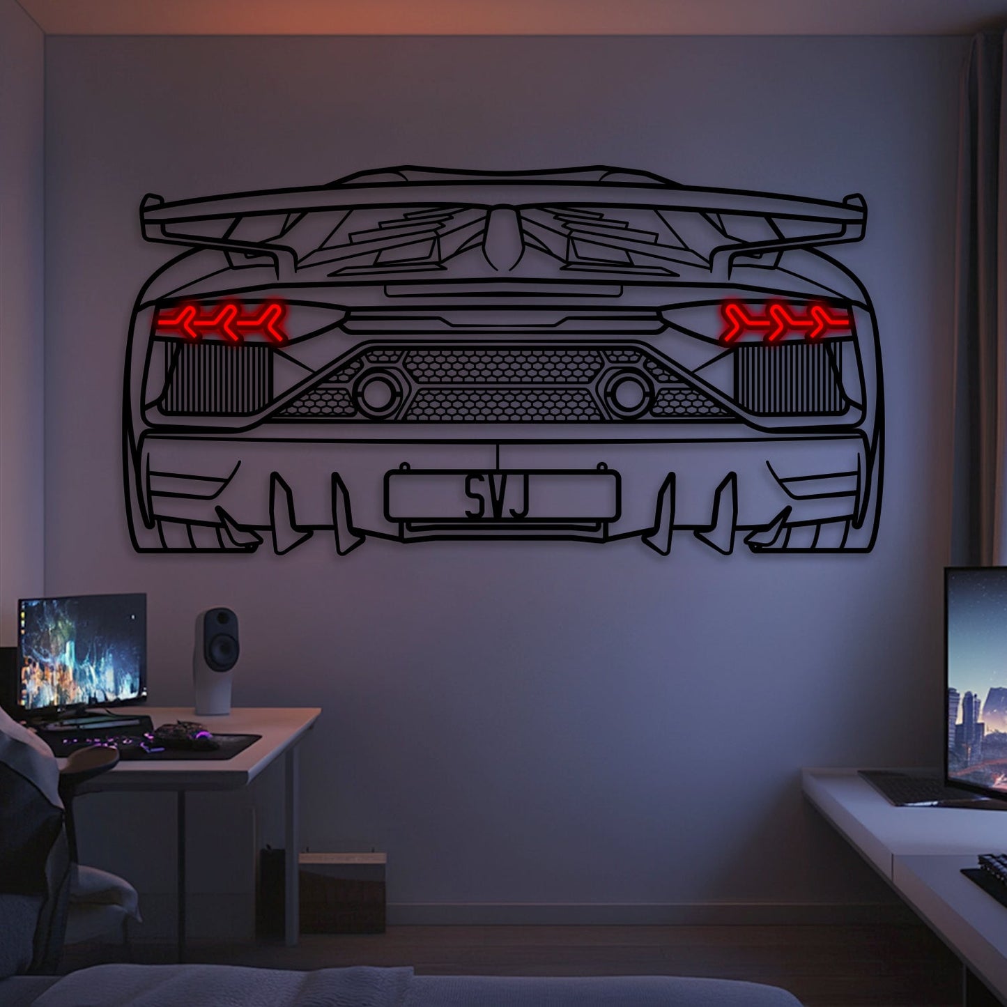 Aventador SVJ Back View Metal Neon Car Wall Art - MTN0262