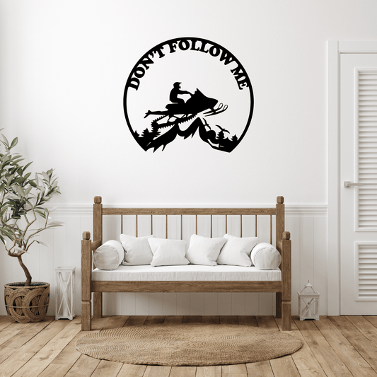 Adventure Awaits: "Don't Follow Me" Snowmobiler Metal Wall Art